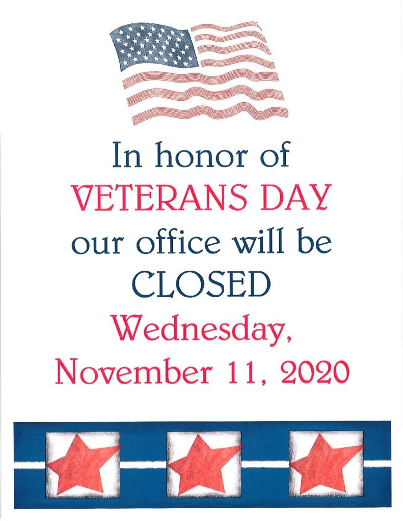 City Office & Public Works will be closed 11/11/20 for Veterans Day