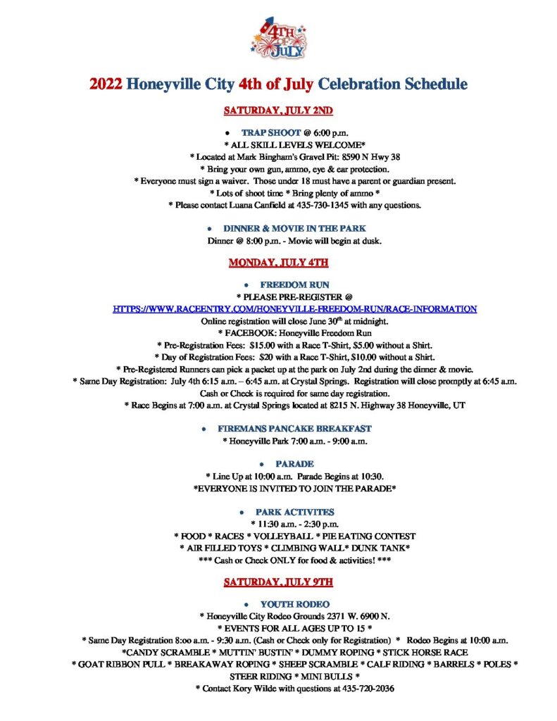 2022 4th of JULY CELEBRATION SCHEDULE – PLEASE JOIN US! - Honeyville City!